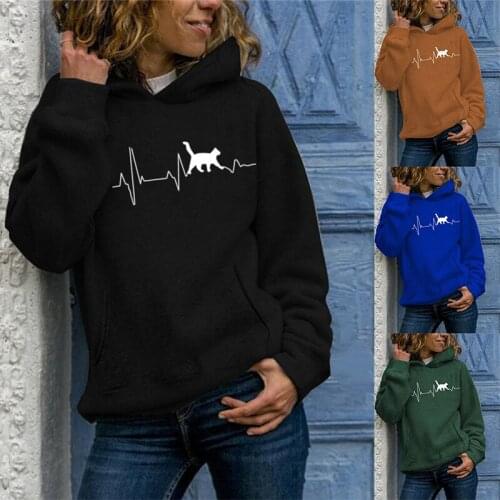 Printed Hoodies Women Fleece Long Sleeve Loose Sweatshirt with Hat Girls Pullovers Winter Sudaderas Para Mujer Long Sleeve