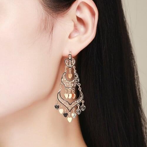 Brass w Gold Color Chandelier Filigree Heart Bohemian Big Drop Tassel Long Earrings For Women Jewelry Aros Pendientes Colgantes