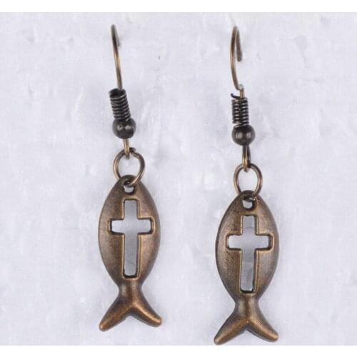 20*8MM Antique bronze vintage ancient cross fish earrings for women earing metal alloy drop dangle earring jewelry fashion
