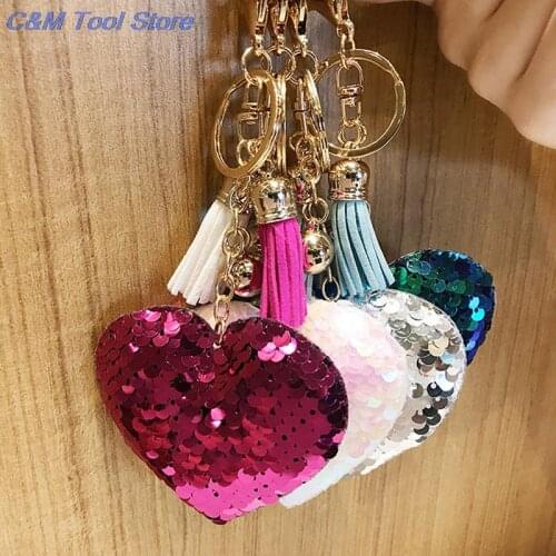 Women Sequins Heart Bag Keychain With Tassel Cute Glitter Sequins Auto Key Chain