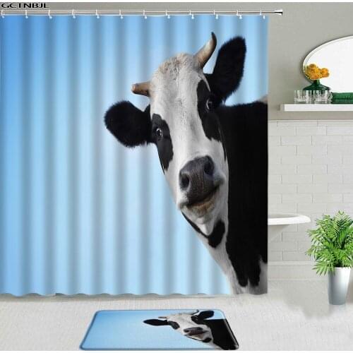 2Pcs Funny Cows Shower Curtains Set With Rug Toilet Non-slip Floor Mat Farm Animals Cattle Bathroom Decor Carpet Bathtub Screen