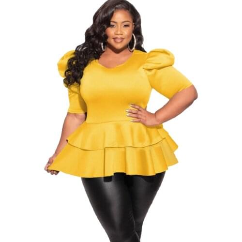 Plus Size 4XL Women Blouses Lantern Short Sleeve Ruffles Tops for Ladies Office 2021 Summer Yellow Purple African Fashion Shirts