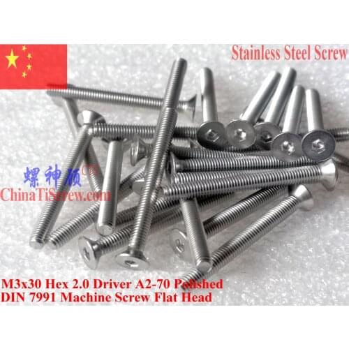 DIN 7991 Stainless Steel screws M3x30 Flat Head Hex Driver A2-70 Polished ROHS 100 pcs
