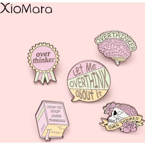 Pink Skull Brain Book Medal Enamel Pins Over Thinking Clothes Brooches Lapel Badges Jewelry Wholesale Bag Pins Gift for Friends