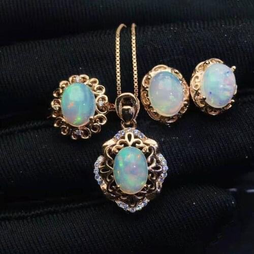 Natural Opal S925 Sterling Silver Earrings Ring Pendant Necklace Set Fine Weddings Jewelry for Women MeiBaPJFS