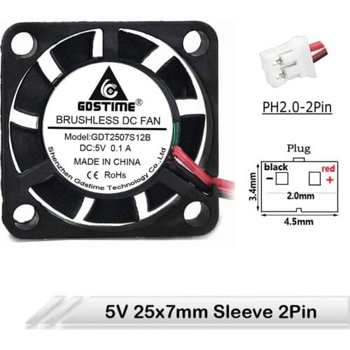 100pcs Gdstime 25x25x7mm 2507S 2.5CM 25MM DC 5V 2Pin Brushless Micro Radiator Cooling Fan Computer 3D printer Cooler