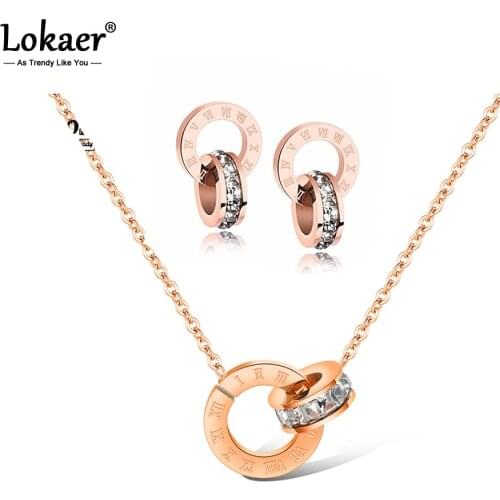Lokaer Classic Rose Gold Shiny Cubic Zirconia Earrings & Necklace Set For Women Stainless Steel Circle Bridal Sets Jewelry SE002
