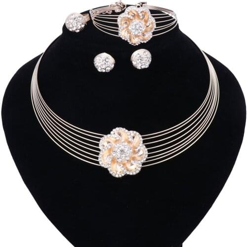 Fashion Women Party Gold Color Crystal Multiple Circle Chain Flower Necklace Earring Bangle Ring Jewelry Set
