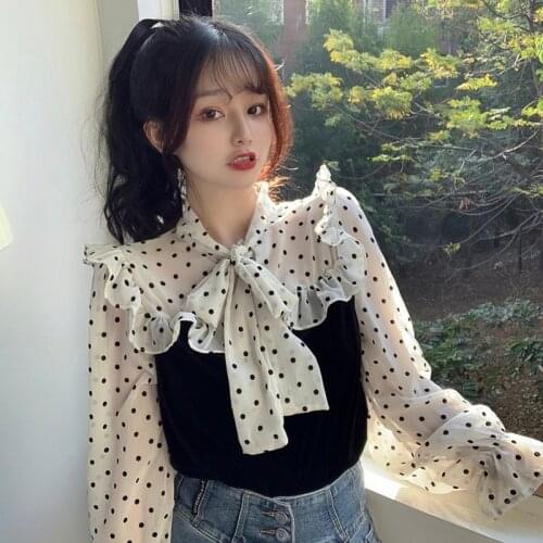 Retro Elegant Stand Flare Sleeve Polka Dot Blouse Women Fake Two Piece Bow Lace Up Tops Long Sleeve Blusas Mujer Fashion Chic