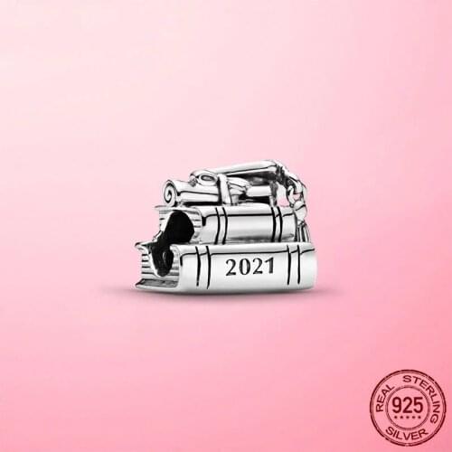 Original 925 Sterling Silver 2021 Graduation Book Charm Beads Fit PandoLA Bracelet DIY fine Jewelry for children Graduation gift