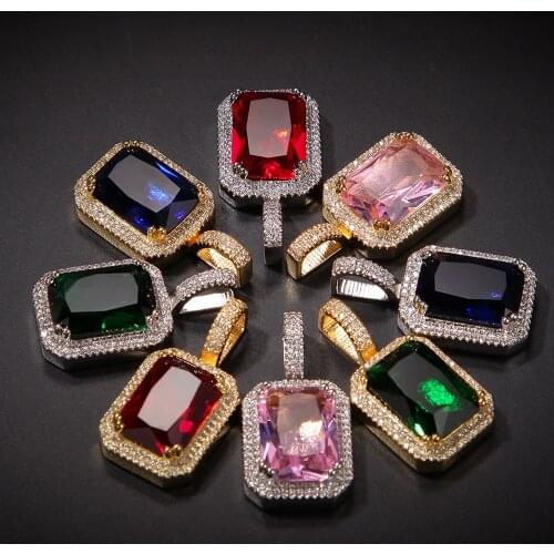 Iced Out Bling Square Gem Pendant Necklace Fashion AAA Zircon CZ Charm Necklace Men Women Trendy Hip Hop Jewelry Luxury Gifts