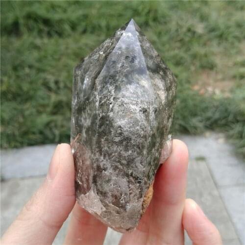 Stunning Ghost Quartz Wand Phantom Himalaya Scenic Crystal Point Standing Quartz Obelisk w Green Mountain inside Healing Chakra