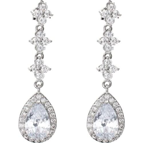 Silver Tone Cubic Zirconia Wedding Bride Dangle Earrings Rhinestone Crystal Bridal Earring Women High Quality Jewelry ER0011SIL