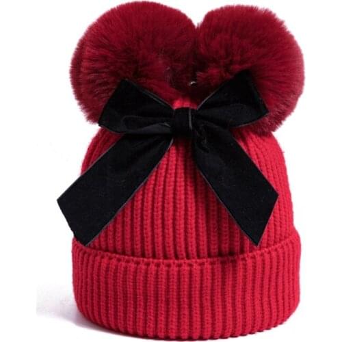 Baby Double Pompom Hat Winter Knitted Kids Girl Warm Bonnet Children Beanie Cap Q1FE