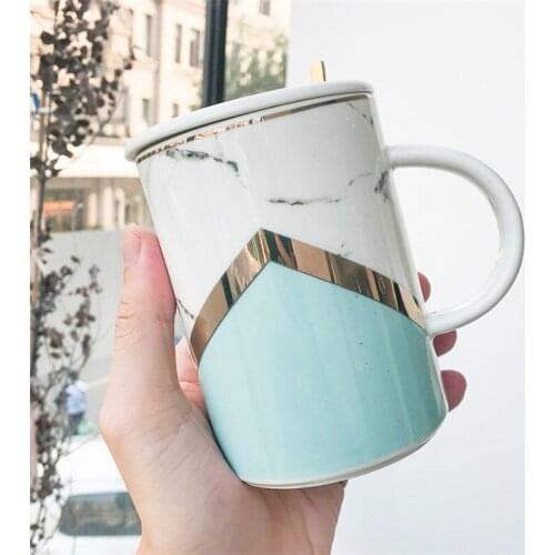 Nordic Hand Painted Gold Marble Coffee Mug with Lid and Spoon Creative Office Teacup Porcelain Breakfast Milk Cup Drinkware