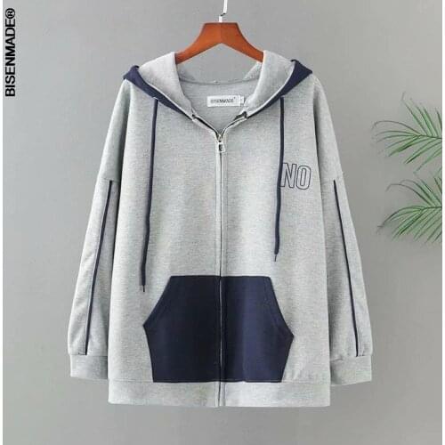 Women Clothing Hoodie&Sweatshirts Plus Size 2021 Autumn Loose Contrast Color Hooded Zipper Coat Unlined Upper Garment S6-6650