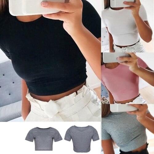 Women Summer T-shirts Short Sleeves Round Neck Slim Fit Casual Pullover Crop Tops Tees Black White Gray