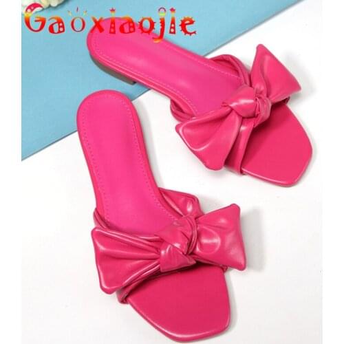 Gaoxiaojie New Womens Slippers 2021 Summer Popular Comfortable Flats Rose Red Big Bow Fashion Square Toe Non-slip Ladies Slides
