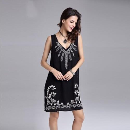 Embroidery Sexy Summer Black Casual Dress V-neck Sleeveless Mini Style Women Cotton Loose Dresses vestidos