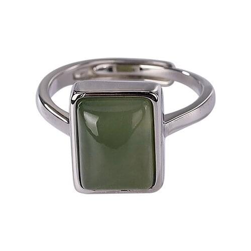 S925 sterling silver natural Hetian gray jade ring retro personality and minimalism square Womens Open ring