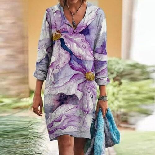 2021 Summer Flowers Print Women A-Line Dress Fashion V-neck Elegant Party Dress Autumn Casual 3/4 Sleeve Loose Lady Beach Dress