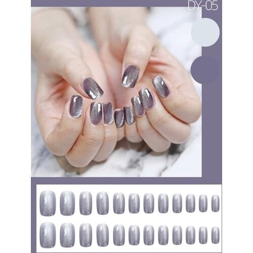 24Pcs/Set Purple Gray Fake Nail With Design Glue Type Removable Short Paragraph Fashion Manicure Accessories Nail Art Tools