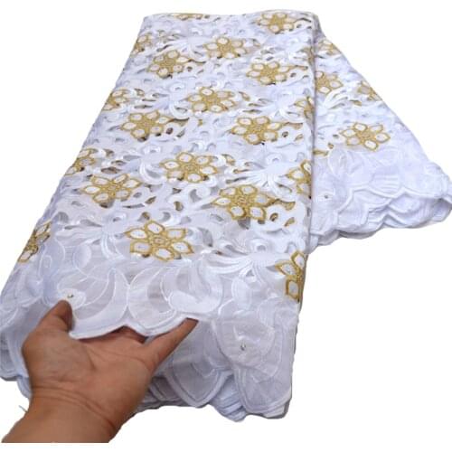 White high quality Hand cut holed African wedding fabric with stones Cotton Swiss Voile Lace for big occasion dresses -S8978