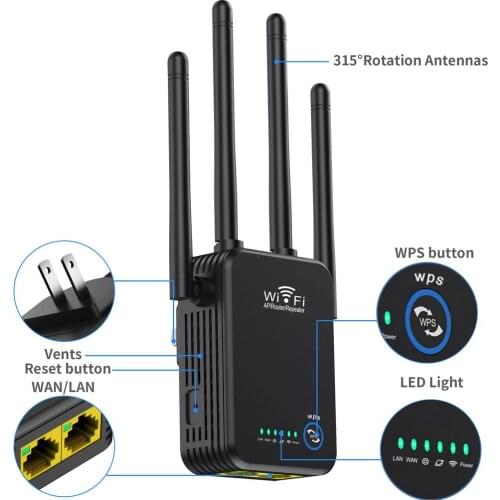 Wireless Wi-Fi Repeater, 1200Mbps, Dual Band, 2.4 / 5G, 4 Antennas, Signal Range Extender, Home Network