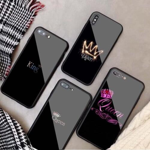 King Queen Black Tempered Glass Phone Case For iphone 12 11 Pro Max 5 6 7 8 X XS XR XSMax Shell 12Pro Max Cover Shell