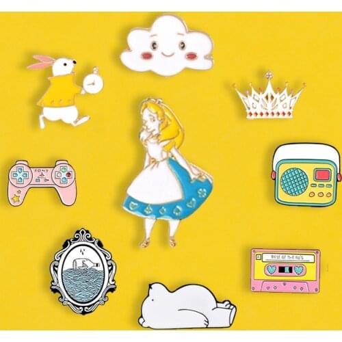 Alice Enamel Pin Cartoon Bear Rabbit Brooch Pin Vintage Tape Radio Lapel Pin Clothes Bag Badges Lovely Jewelry Gifts for Girls
