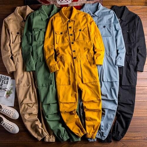 Men Hip Hop Jumpsuit Long Sleeve Overalls Rompers Streetwear Cargo Pants Green Black Clothes Men Fall Winter Trousers Plus Size