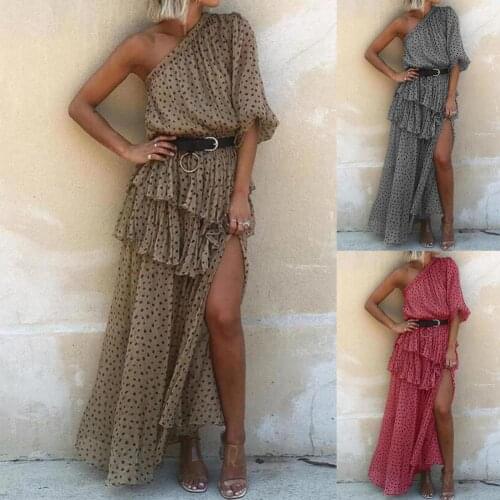 Hot Sales Fashion Women Dress Skew One Shoulder Collar Asymmetric Polka Dots Print Slit Hem Long Dress for Party