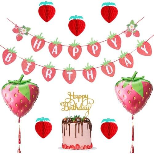 Sweet Strawberry Birthday Party Decoration Strawberries Honeycomb Ball Balloons Cake Topper For Girls Baby Shower Party Decor