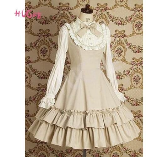 Hugne Sweet Lolita Dress Womens Classic Long Sleeve Vintage Dress with Ruffles