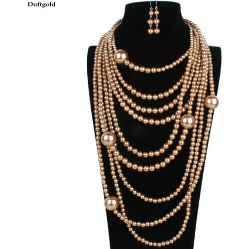 Fashion Hyperbole Long Multilayer Beaded Chain Pearl Necklace Earrings for Women Big Statement Necklaces Set Luxury Jewelry Sets