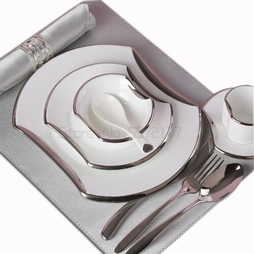 Fashion 6-piece western plate steak tableware dish ceramic silver/gold rim bowl set house warming gift