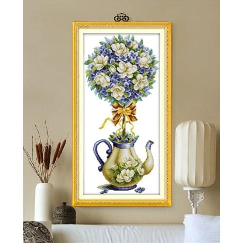 Magnolia teapot Printed Canvas Cross Stitch Kit Home Decore 11CT 14CT Canvas DMC Embroidery Needlework Cross-stitch set Handmade