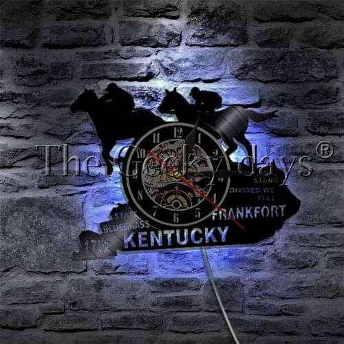 Kentucky State Horses Racing Scene Silhouette LED Night Light Sign Vinyl Record Wall Clock Horse Animal Modern Wall Lamp