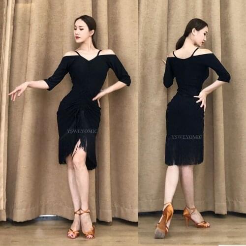 2019 New Girls adult Modern Ballroom Latin Dance Dress tassel Fringe Black Salsa Tango Latin Dance skirt Girls Latin Dresses