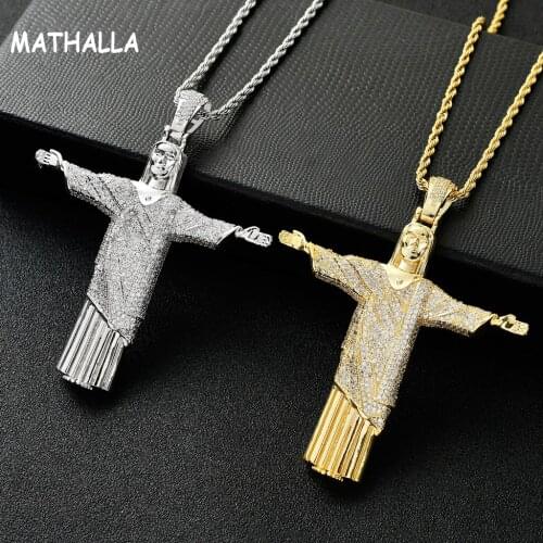 MATHALLA Hip Hop Style Jesus Character Cross Pendant Necklace Gold Plated High Quality AAA Cubic Zircon Necklace Mens Jewelry