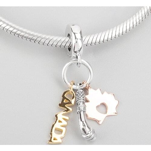 Authentic S925 Silver Shine Rose Hockey Stick Maple Leaf Pendant Bead Charm for Women Bracelet Bangle DIY Jewelry