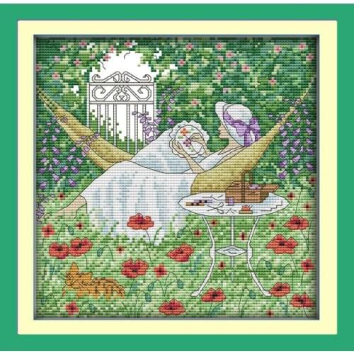 Afternoon leisure cross stitch woman sitting with embroidery pattern DMC 14ct 11ct canvas cross stitch set DIY needlework crafts