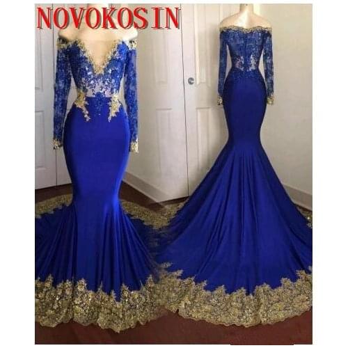 Amazing Gold Lace Royal Blue Mermaid Prom Evening Dress Long Illusion Sleeves See Through Sequins 2020 Party Formal Gown