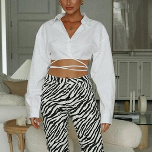 Women Autumn Spring Bandage Lapel Neck Shirt Cropped Tops Solid Color Long Sleeves Button Down Shirt Fashion Streetwear Clothing