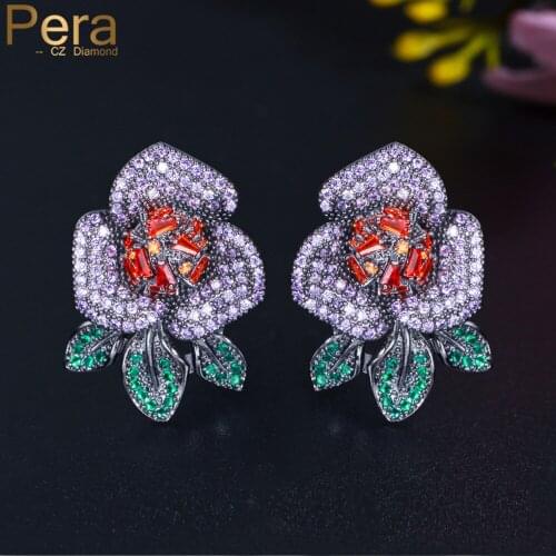 Pera Romantic Flower Leaf Shape Purple Red Cubic Zirconia Black Gold Stud Earring for Women 2021 Fashion Decoration Jewelry E729