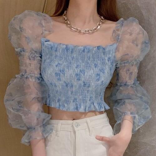 Cute Mesh Chiffon Young Girls 2021 New Pullover Long sleeve Korean Printed floral shoulder short Blusa Faminina Women Tops 856E