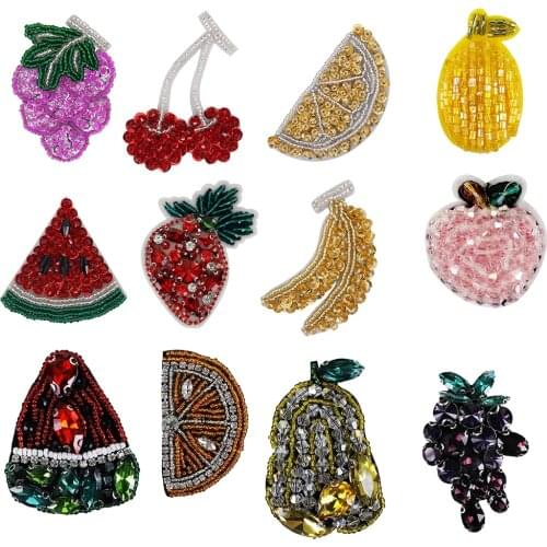 Rhinestone Bead Lemon Strawberry Cherry Grape Fruit Sew on Crystal Pearl Patch for Clothing Shoes Bag Hair Decor Applique