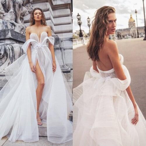 High Side Split Wedding Dresses A Line Ruffles Off Shoulder Boho Wedding Dress Bridal Gowns Custom Made Beach Vestido De Noiva