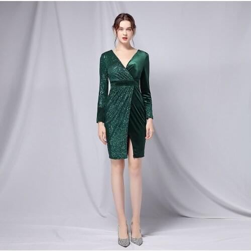 Vintage Sequined Short Evening Dresses 2023 Vestido De Festa Formal Party Dress Gowns Long Sleeve Green Evening Dress ERINBESS
