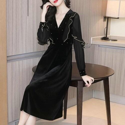 Women Fashion Retro Elegant Ruffle Dress 2021 New Spring Autumn Long Sleeve V-neck Mid-calf A-line Dresses Plus Size L-4XL Y374
